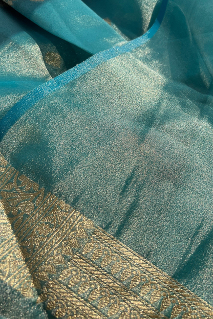 Turquoise Blue Tissue Silk Banarasi Saree With Gold Zari