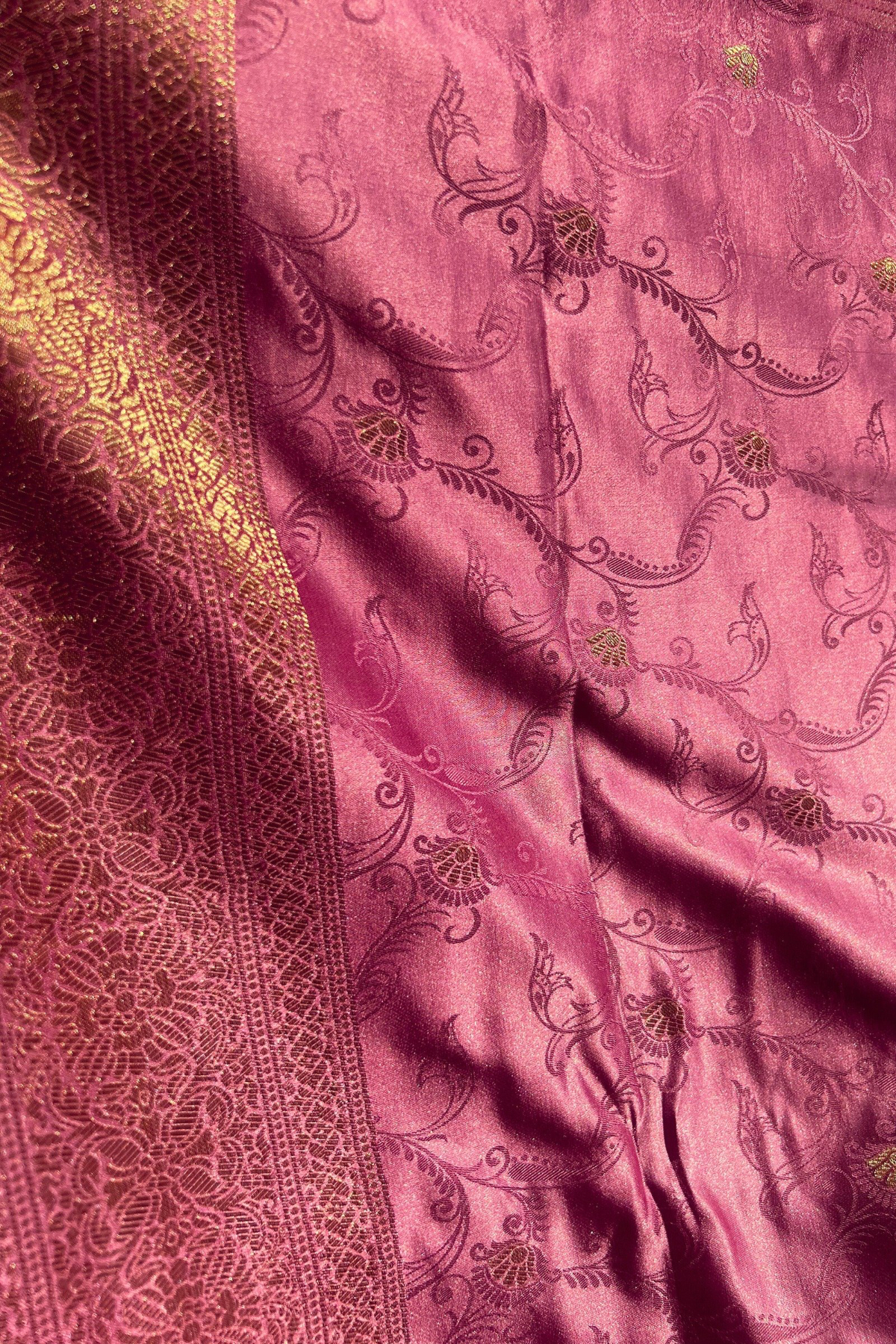 Blush Pink Gold Jaal Mashru Satin Banarasi Silk Saree