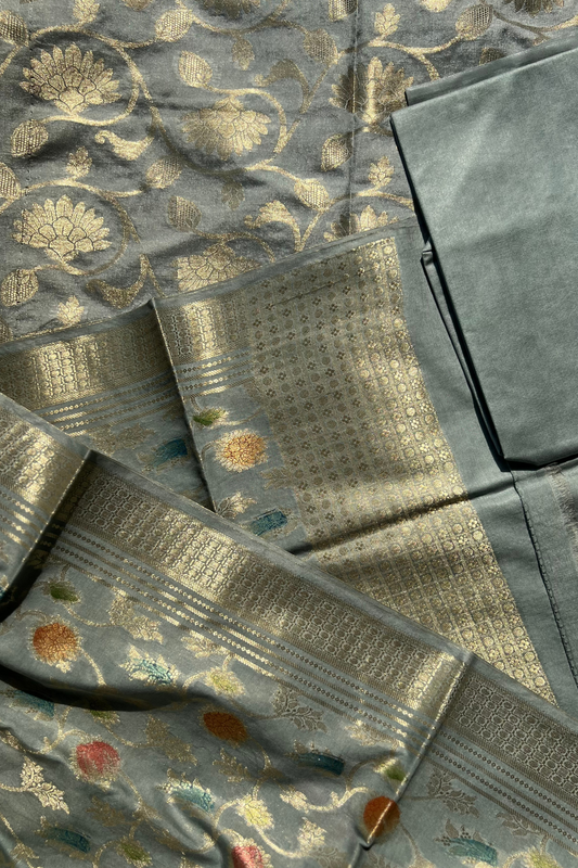 Unstitched Banarasi Handwoven Suit Set With Colorful Dupatta - Royal Grey