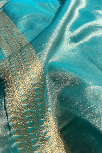 Turquoise Blue Tissue Silk Banarasi Saree With Gold Zari