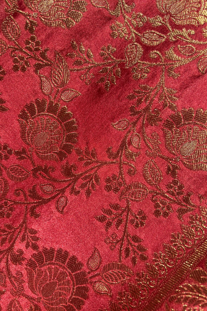 Rose Red Floral Jaal Mashru Satin Silk Saree