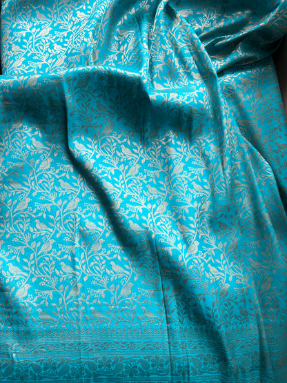 Teal Blue Bird Motif Katan Silk Saree