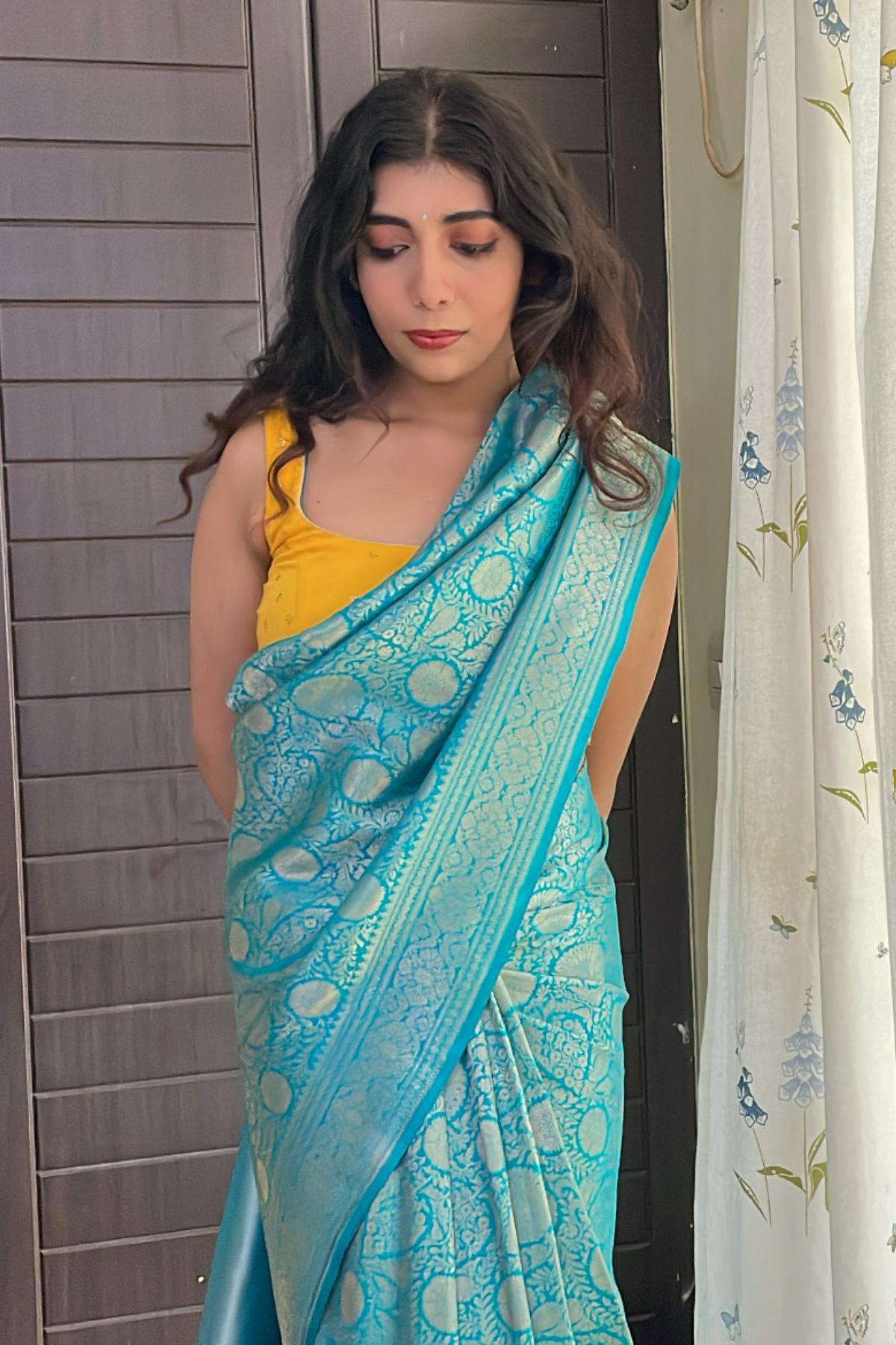 Client Diaries: Teal Blue Floral Banarasi Katan Silk Saree