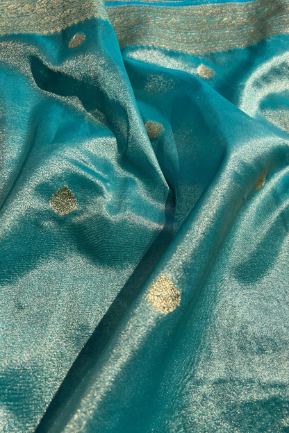 Turquoise Blue Tissue Silk Banarasi Saree With Gold Zari