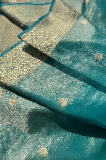 Turquoise Blue Tissue Silk Banarasi Saree With Gold Zari