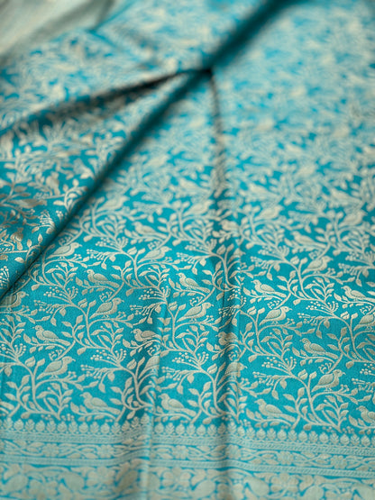 Teal Blue Bird Motif Katan Silk Saree