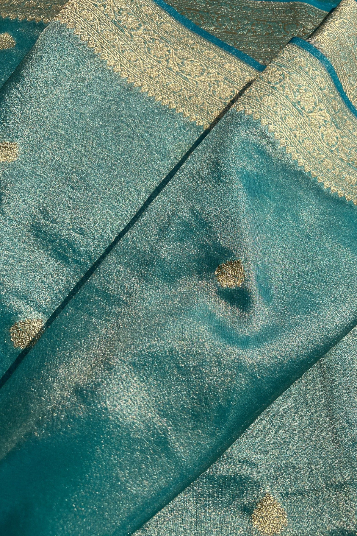 Turquoise Blue Tissue Silk Banarasi Saree With Gold Zari