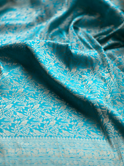 Teal Blue Bird Motif Katan Silk Saree