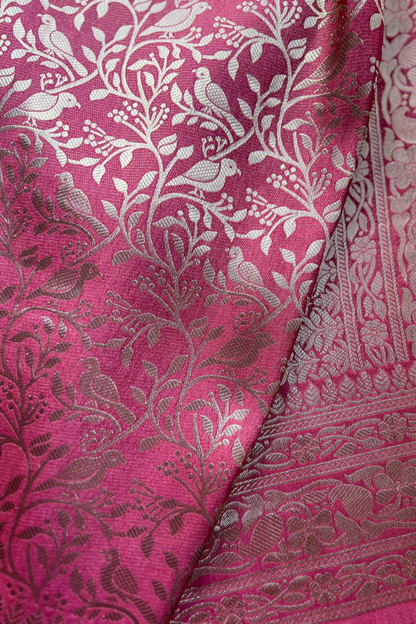 Rose Red Bird Motif Banarasi Katan Silk Saree