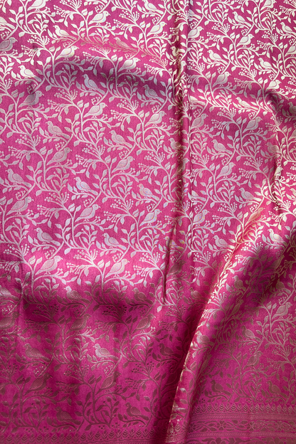 Rose Red Bird Motif Banarasi Katan Silk Saree