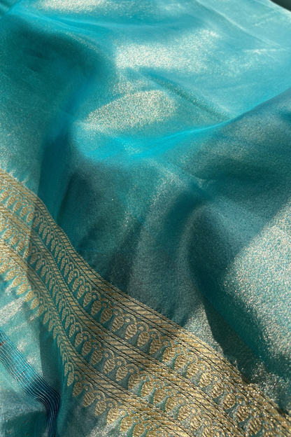 Turquoise Blue Tissue Silk Banarasi Saree With Gold Zari