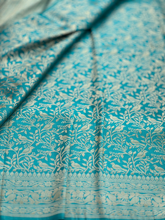 Teal Blue Bird Motif Katan Silk Saree