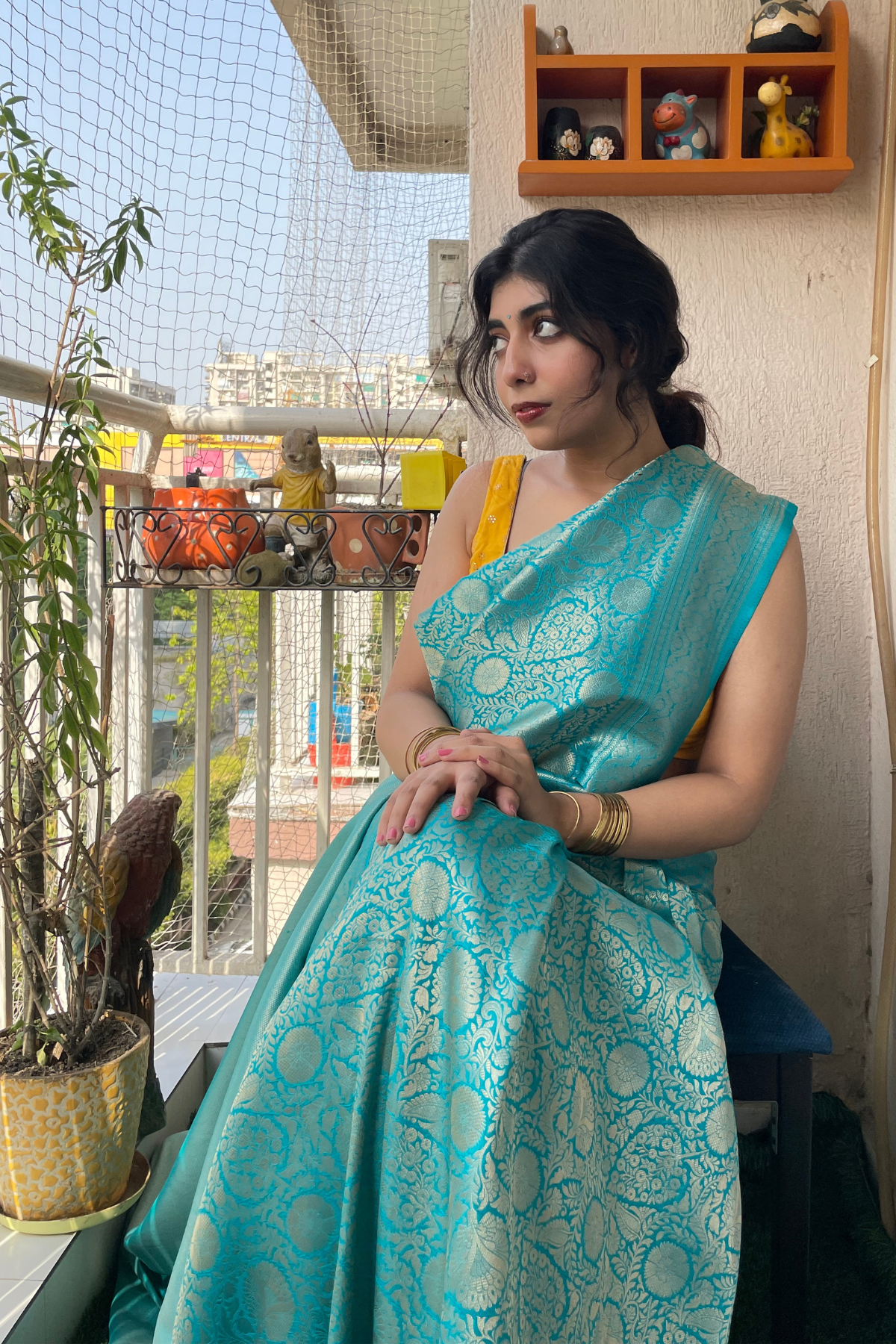 Client Diaries: Teal Blue Floral Banarasi Katan Silk Saree