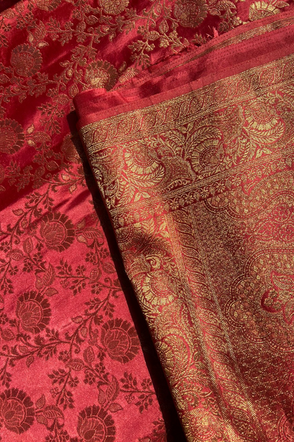 Rose Red Floral Jaal Mashru Satin Silk Saree