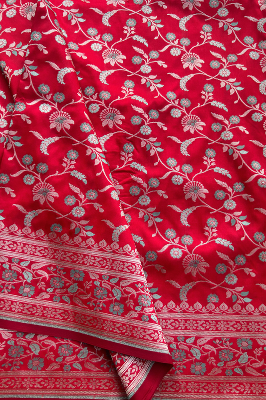 Bright Red Jamdani Banarasi Katan Silk Saree