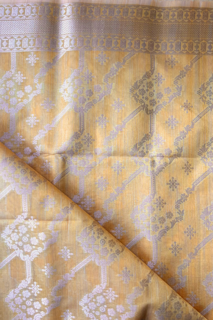 Yellow Cotton Tussar Silk Summer Saree