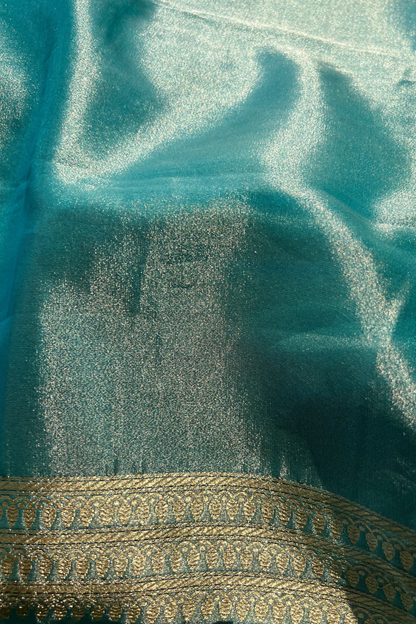 Turquoise Blue Tissue Silk Banarasi Saree With Gold Zari