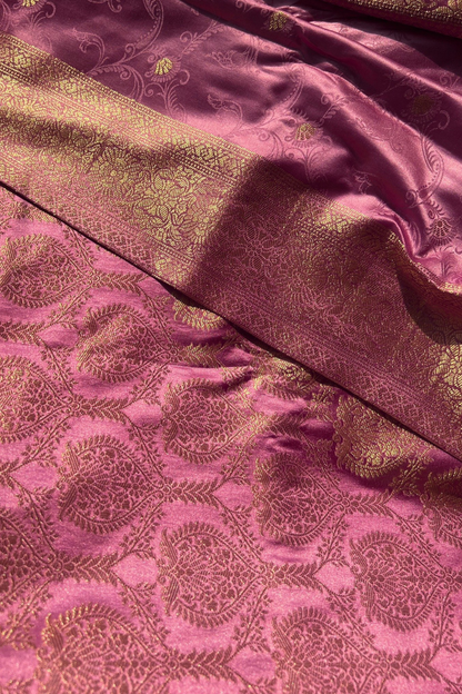 Blush Pink Gold Jaal Mashru Satin Banarasi Silk Saree