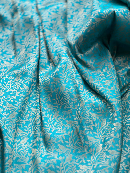 Teal Blue Bird Motif Katan Silk Saree