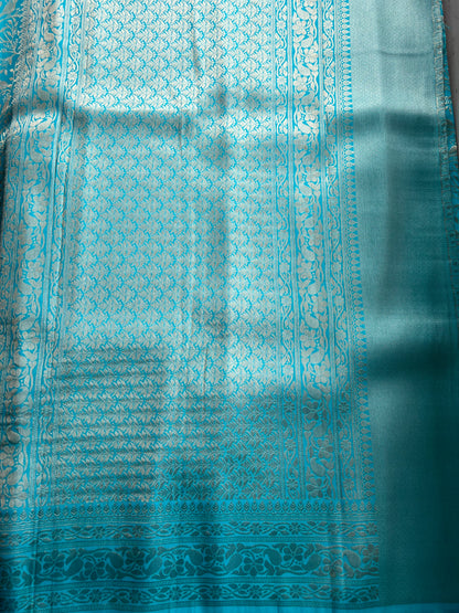 Teal Blue Bird Motif Katan Silk Saree