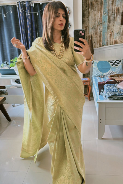 Client Diaries: Pastel Green Floral Banarasi Katan Silk Saree