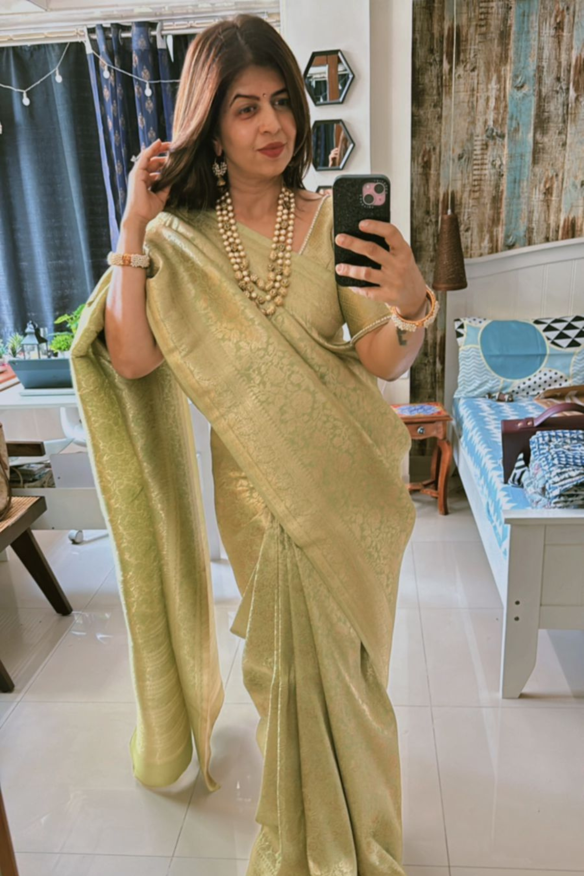 Client Diaries: Pastel Green Floral Banarasi Katan Silk Saree