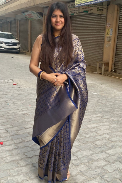 Client Diaries: Blue Floral Katan Silk Banarasi Saree