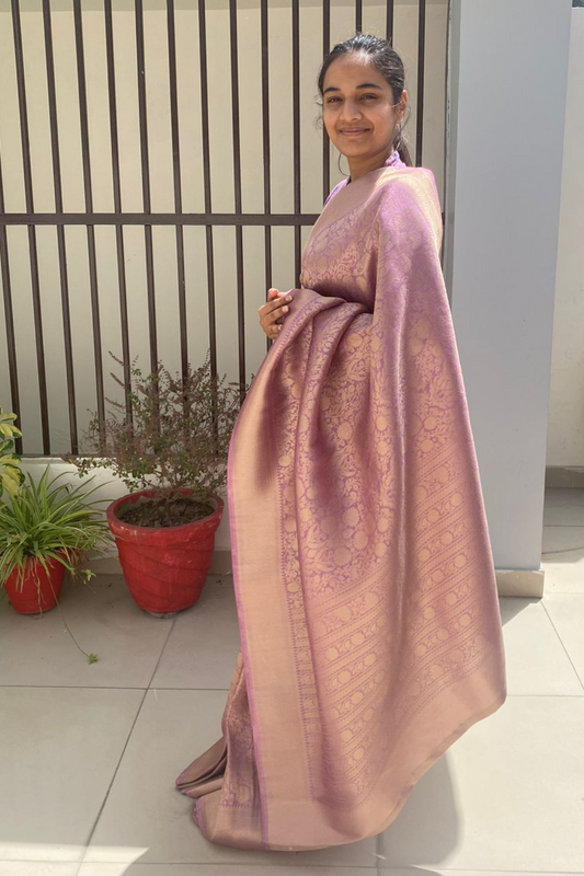 Client Diaries: Floral Lilac Purple Katan Silk Banarasi Saree