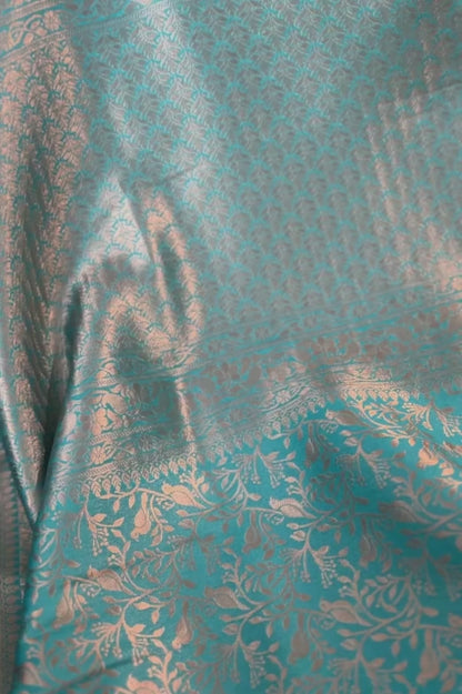 Teal Blue Bird Motif Katan Silk Saree